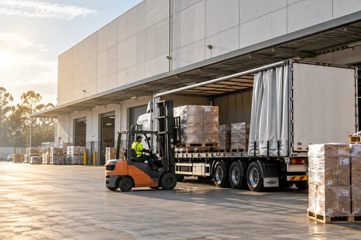 Forklift loading a trailer at a Western Sydney depot for the Central Coast run