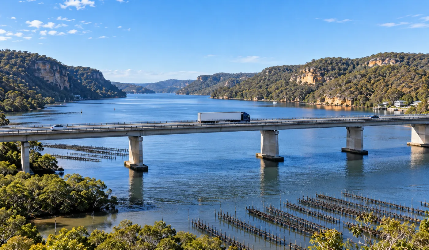Semi-trailer crossing the long M1 bridge over the Hawkesbury River