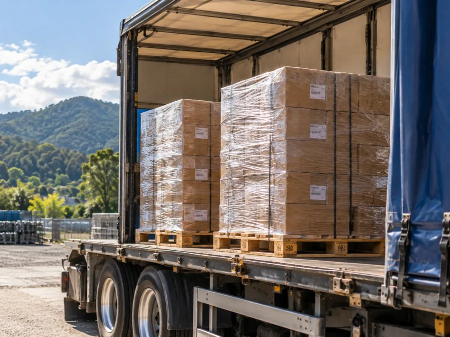 Wrapped pallets on a trailer with the Coffs Harbour range behind