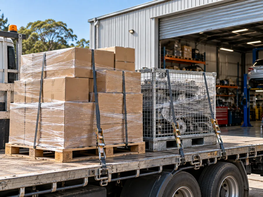 Palletised automotive parts and a steel cage strapped on a truck deck