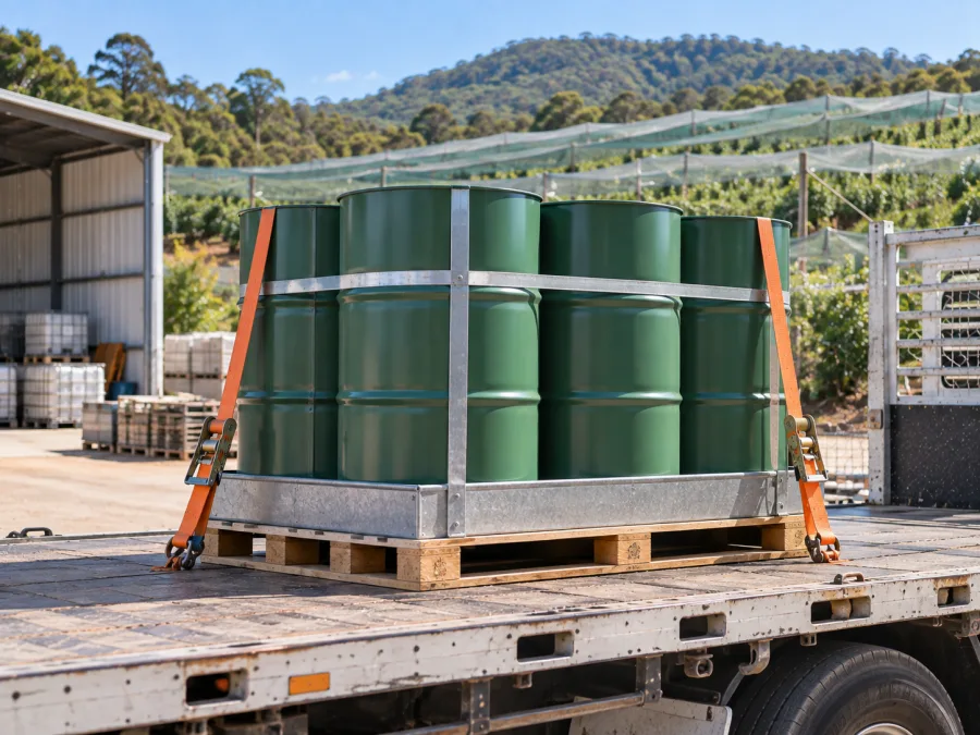 Sealed drums banded on a pallet and strapped to a trailer deck
