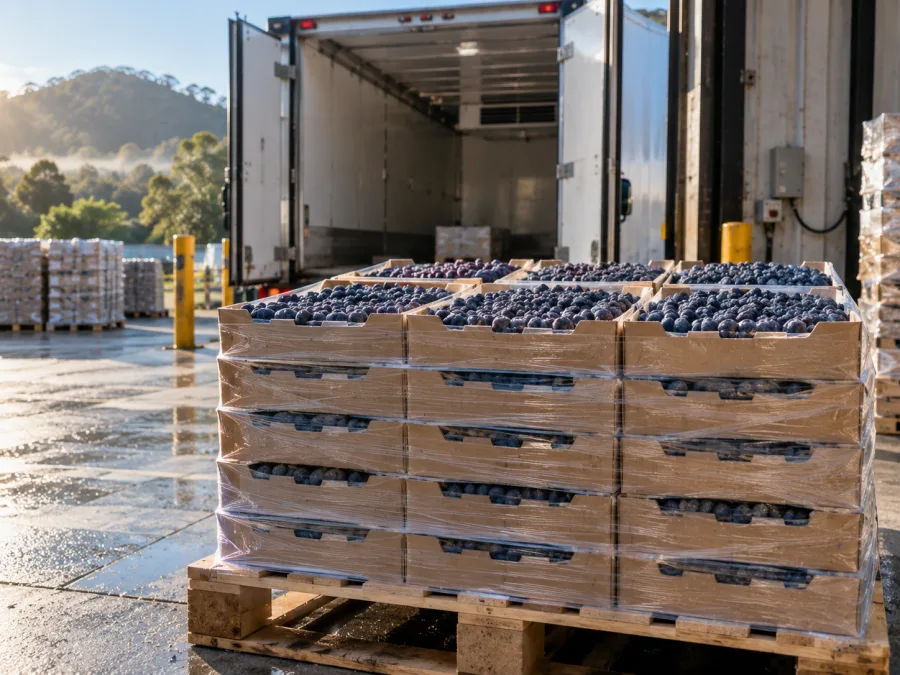 Trays of blueberries palletised on a chilled dock for the Sydney markets