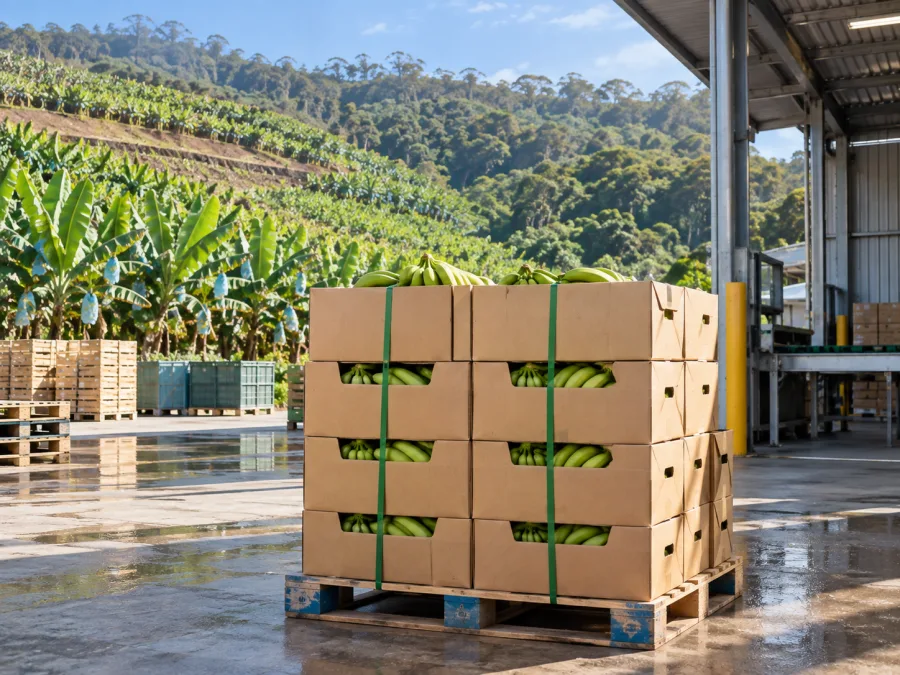 Palletised banana cartons at a packing shed below a steep banana plantation