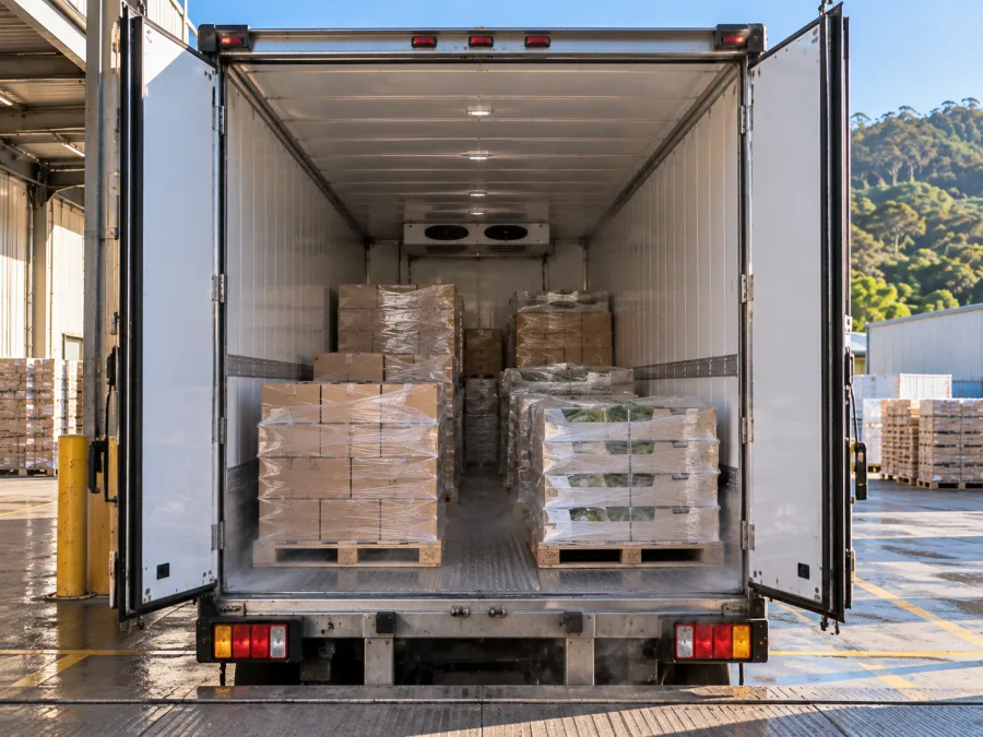 Open refrigerated trailer loaded with chilled produce at Coffs Harbour
