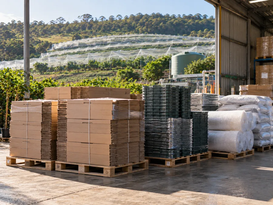 Packaging, punnets and growing supplies staged at a Coffs Harbour farm shed