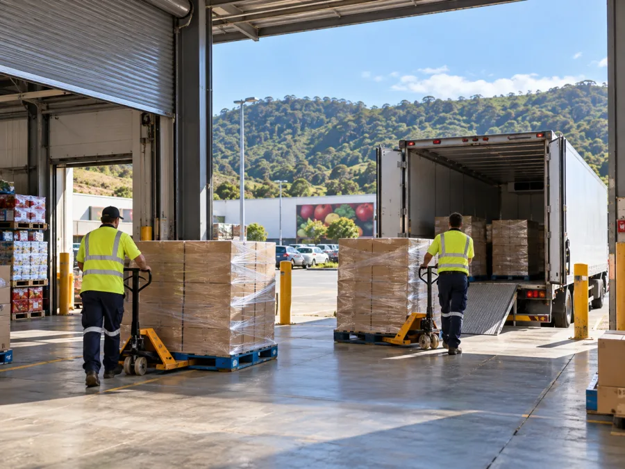 Workers moving grocery pallets at a Coffs Harbour supermarket dock