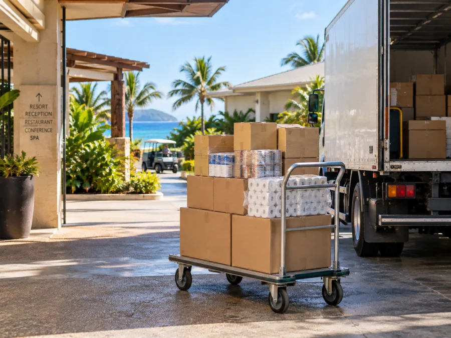 Hospitality supplies unloaded at a coastal resort service entrance