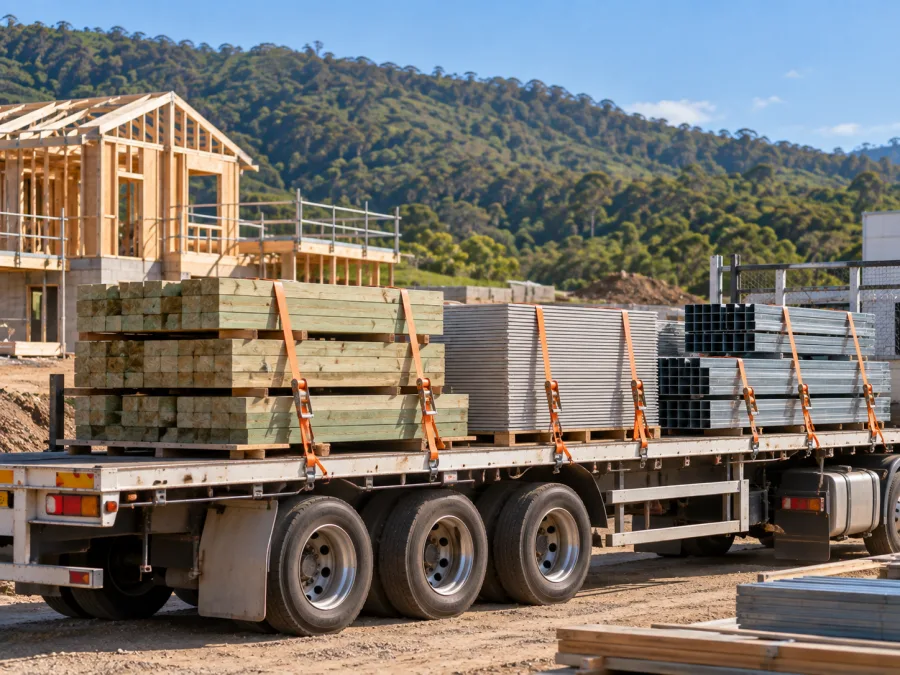Timber and cladding on a trailer at a Coffs Harbour building site