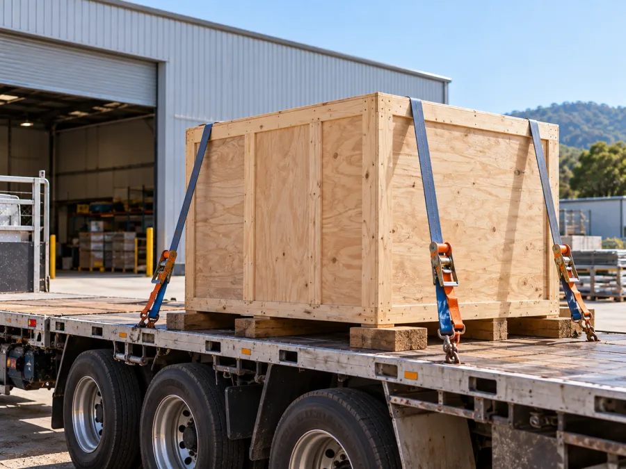 Timber-crated machine strapped on a trailer at a Coffs Harbour industrial site