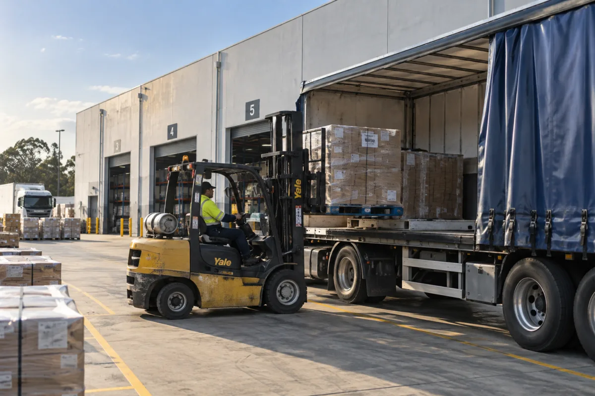 Forklift loading a trailer at a Western Sydney depot for the Coffs Harbour run