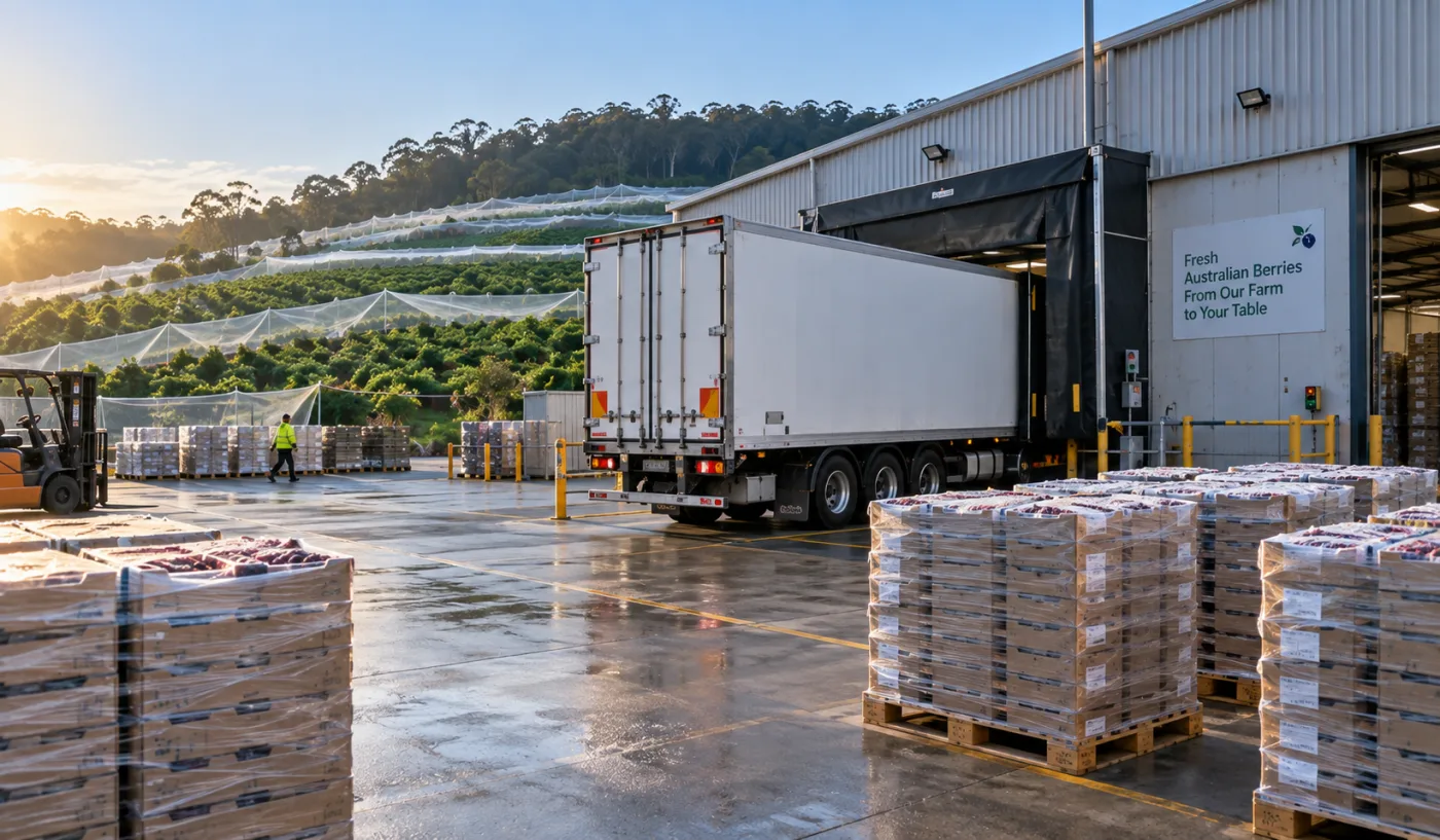 Refrigerated trailer loading palletised berries at a packing shed with netted hills behind