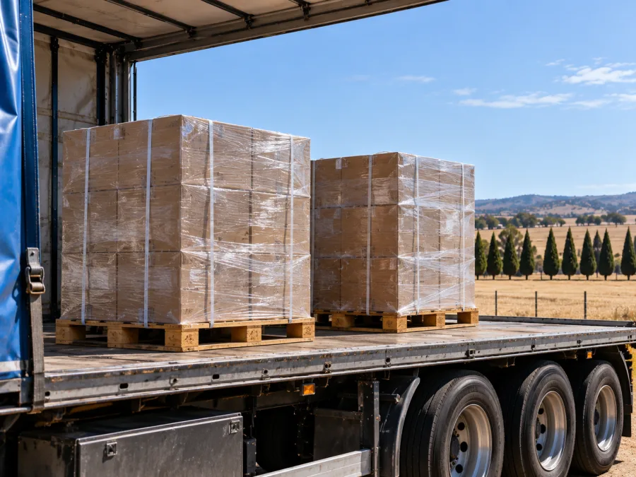 Wrapped pallets on a trailer with western New South Wales plains behind