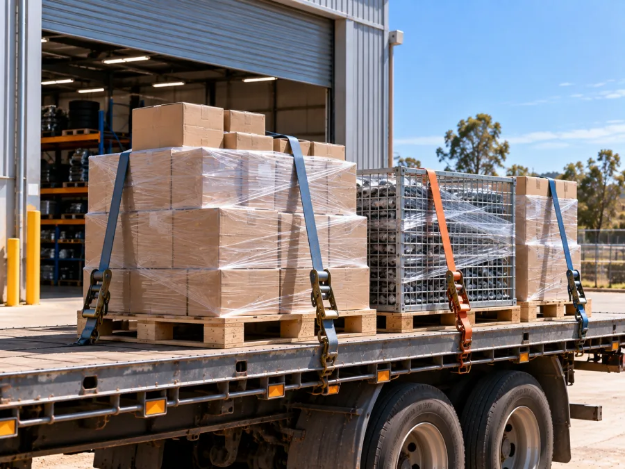 Palletised automotive parts and a steel cage strapped on a truck deck