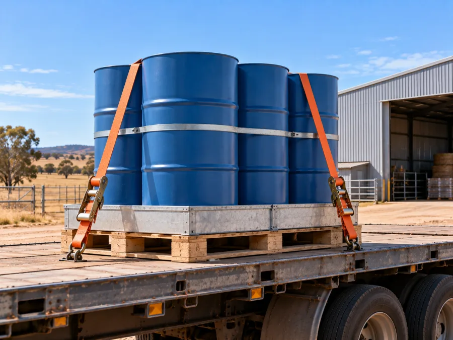 Sealed drums banded on a pallet and strapped to a trailer deck