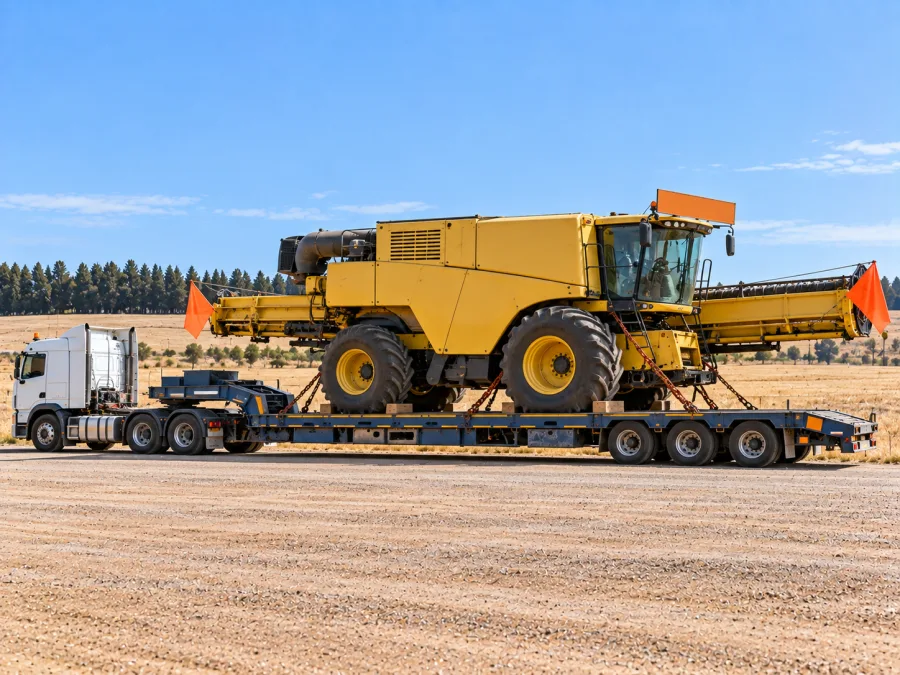 Oversize agricultural machine on a low-loader in western New South Wales