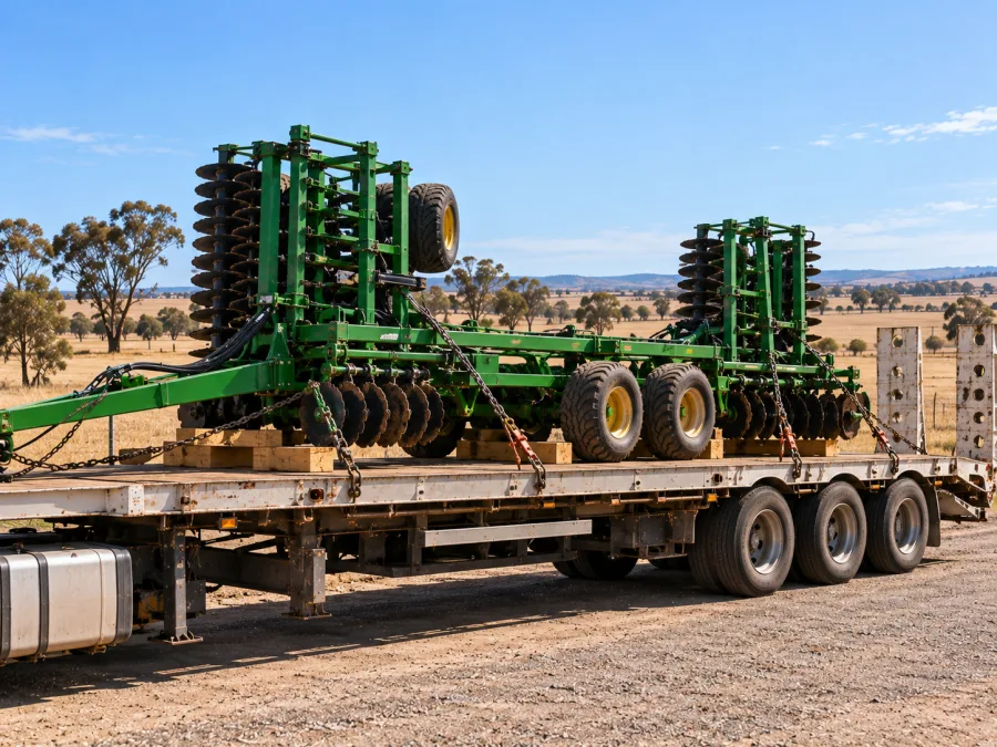 Folded farm implement chained on a trailer in western cropping country