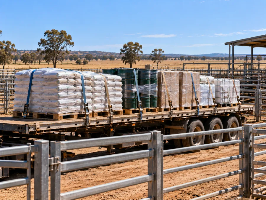 Feed and animal health supplies strapped on a trailer beside livestock yards