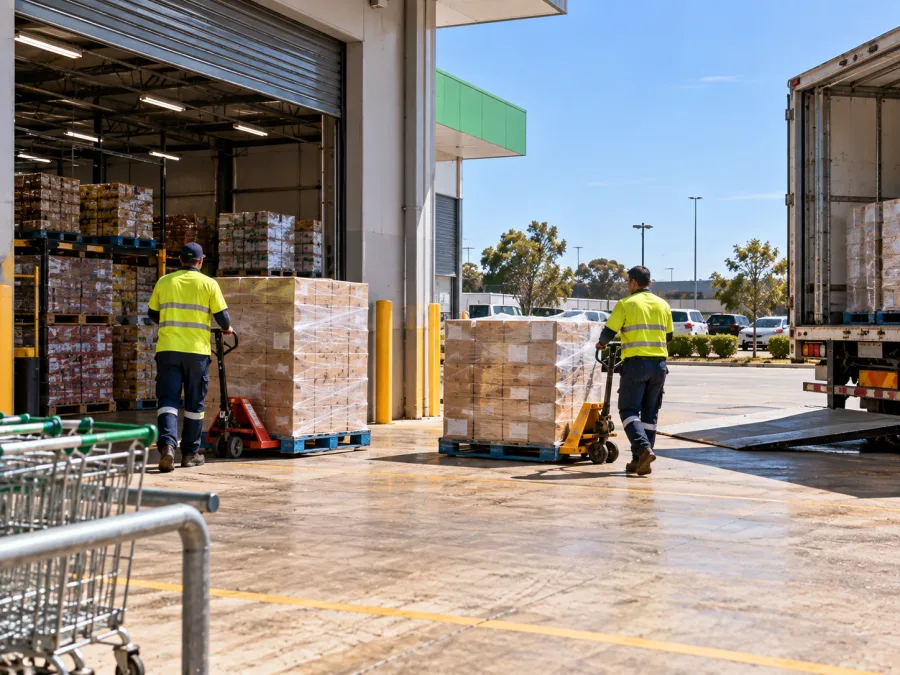 Workers moving grocery pallets at a Dubbo supermarket dock