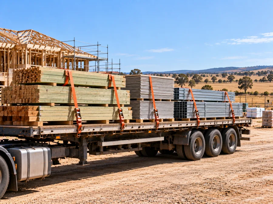 Timber and cladding on a trailer at a Dubbo building site