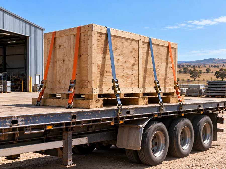 Timber-crated machine strapped on a trailer at a Dubbo industrial site