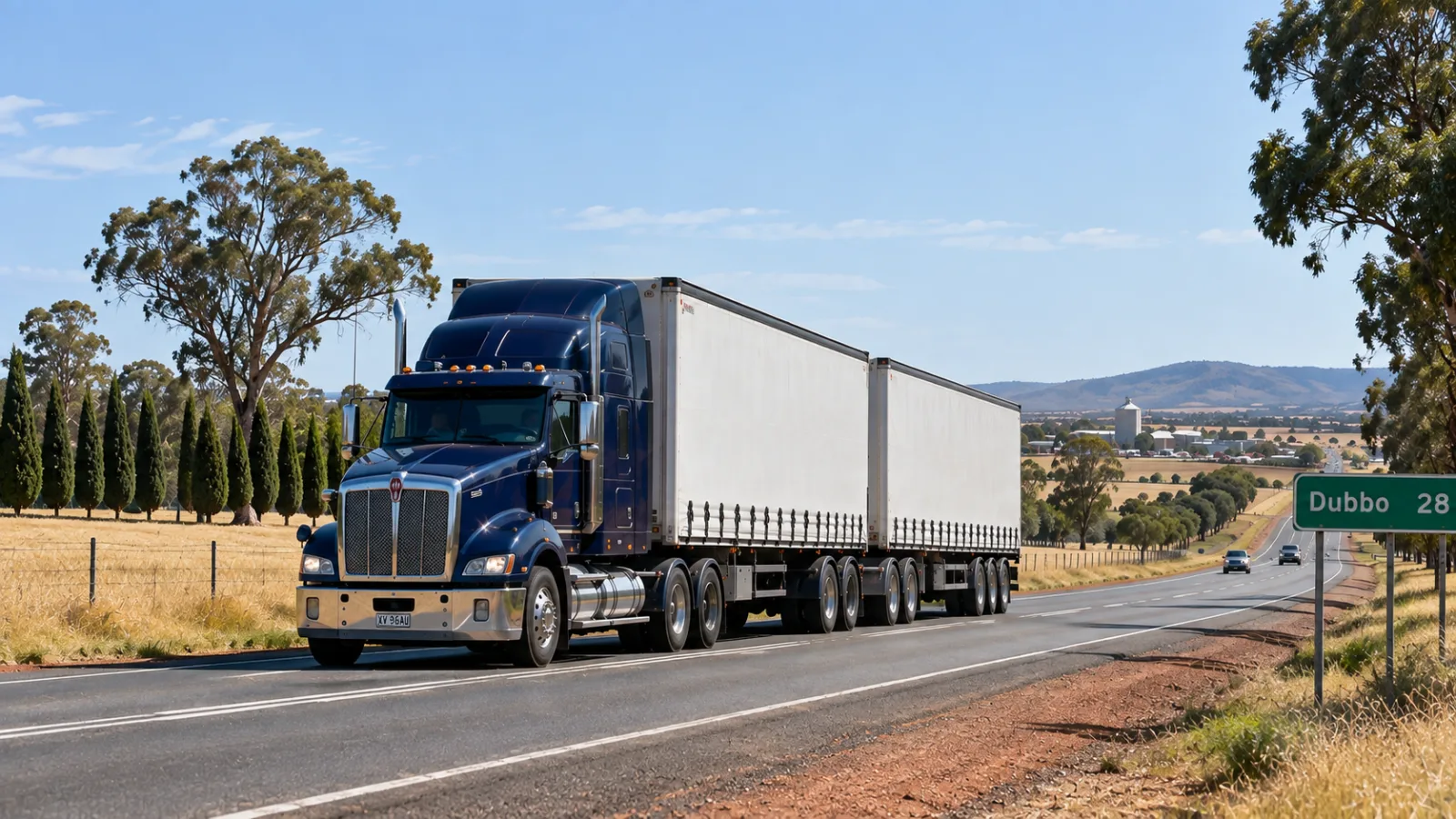 B-double on the highway across flat cropping plains approaching Dubbo