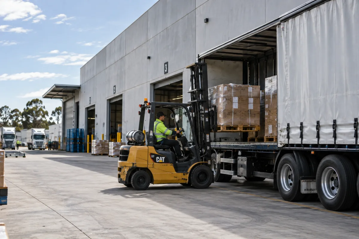 Forklift loading a trailer at a Western Sydney depot for the Dubbo run