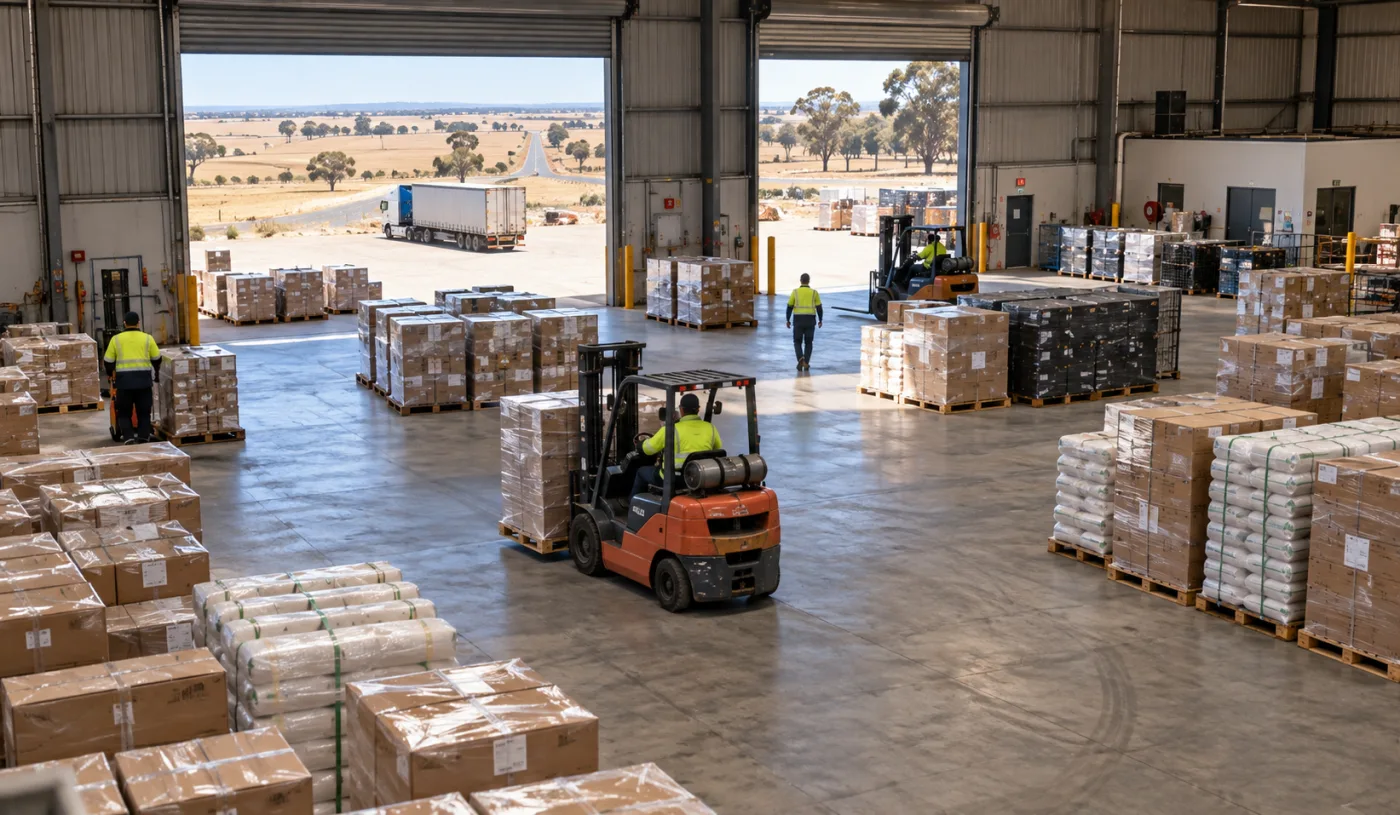 Pallets sorted into groups at a Dubbo warehouse with the western road beyond