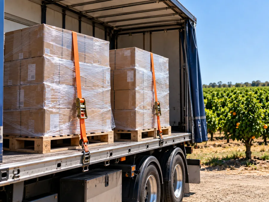 Wrapped pallets on a trailer with Griffith citrus orchards behind