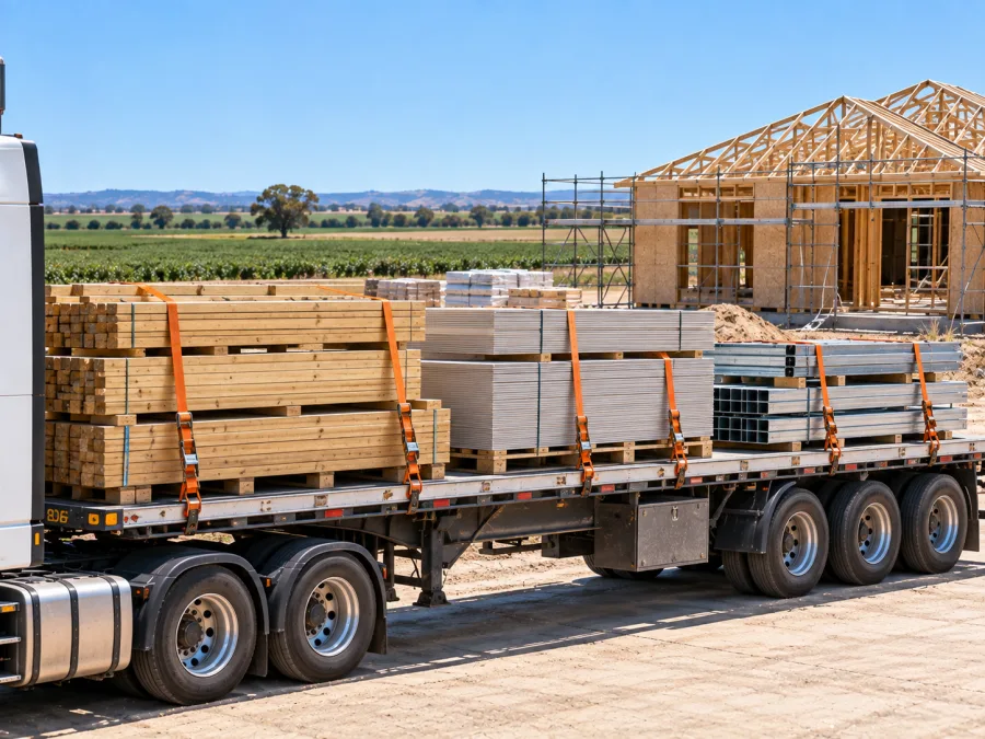 Timber and cladding on a trailer at a Griffith building site