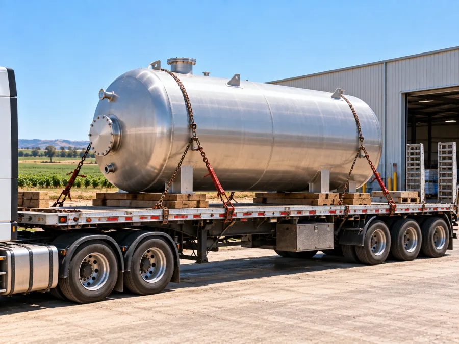 Stainless processing tank chained on a trailer for a Griffith winery