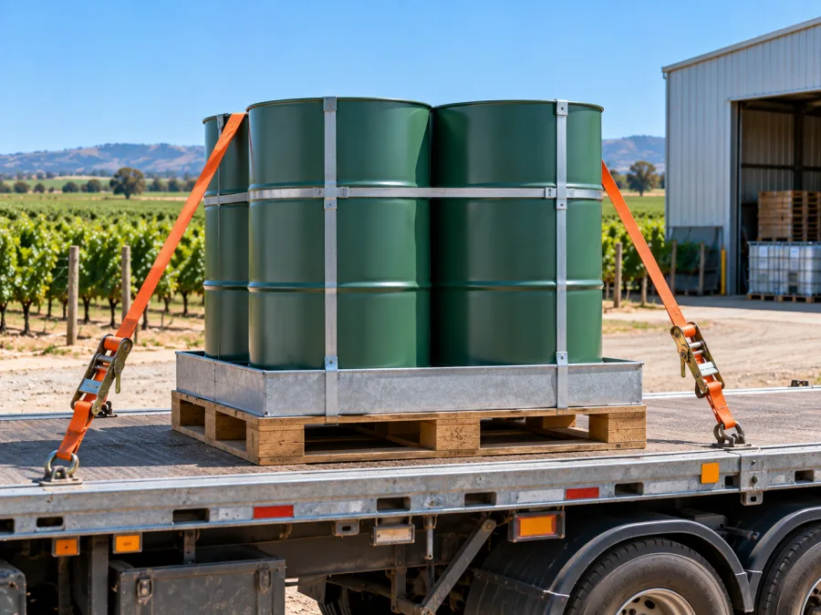 Sealed drums banded on a pallet and strapped to a trailer deck
