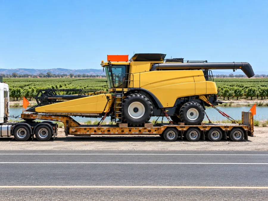 Oversize agricultural machine on a low-loader in the Murrumbidgee Irrigation Area