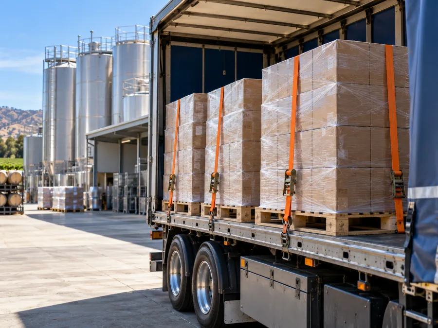 Palletised cased product loaded at a Griffith winery dock