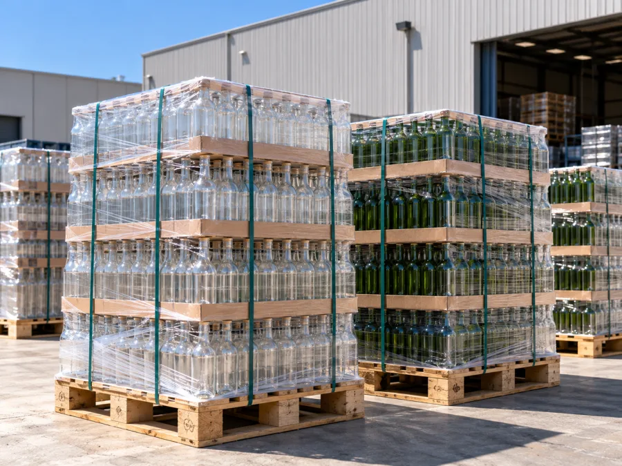 Palletised unlabelled bottles staged for delivery to a Riverina winery