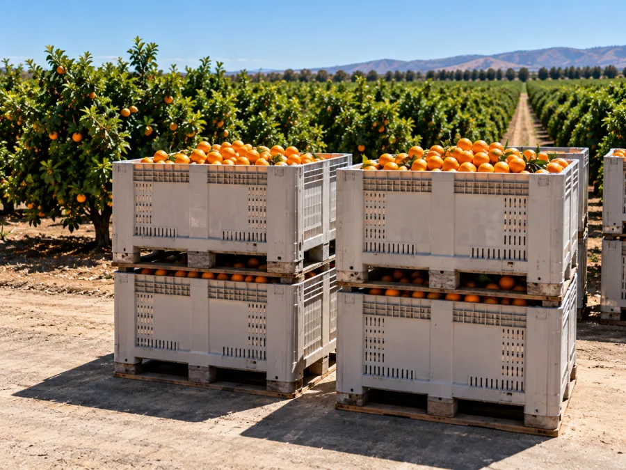 Bulk bins of oranges palletised beside a Griffith citrus orchard