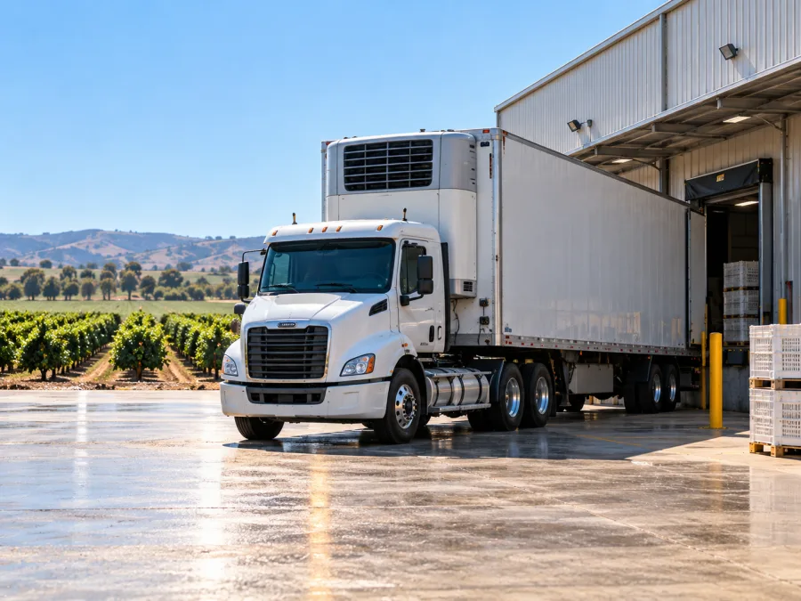 Refrigerated trailer at a Griffith packing shed in summer heat