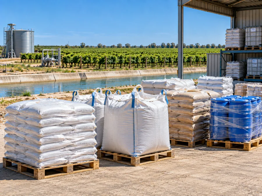 Palletised agricultural inputs staged for the irrigation area