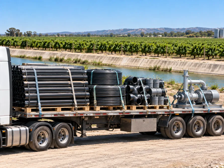 Irrigation pipe and pump equipment strapped on a trailer in the Riverina