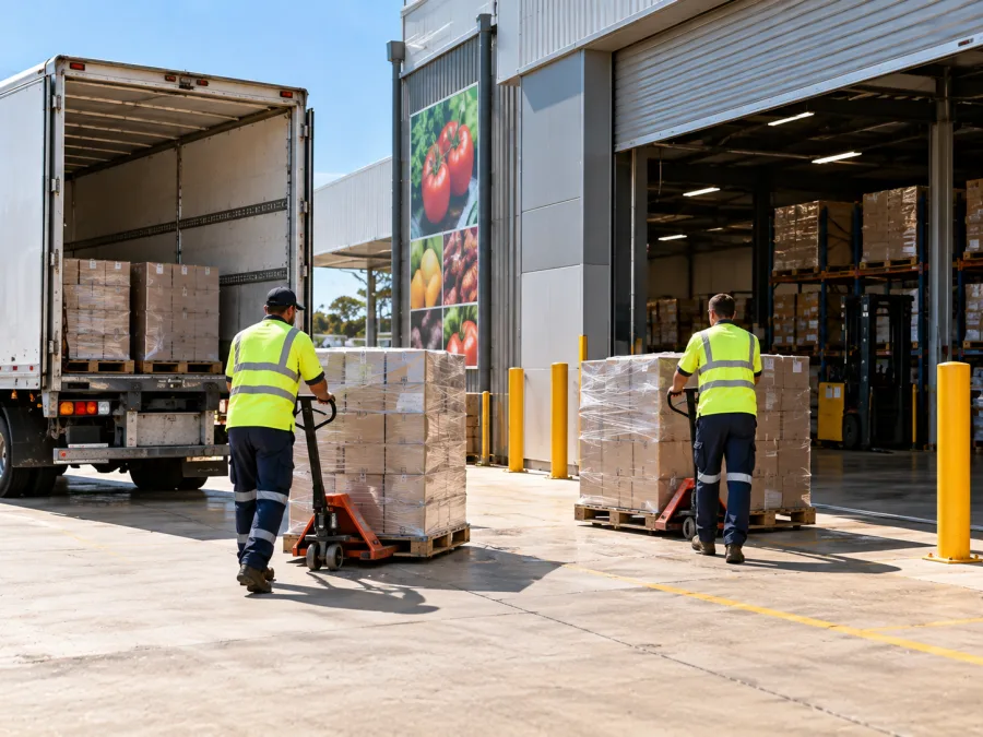 Workers moving grocery pallets at a Griffith supermarket dock