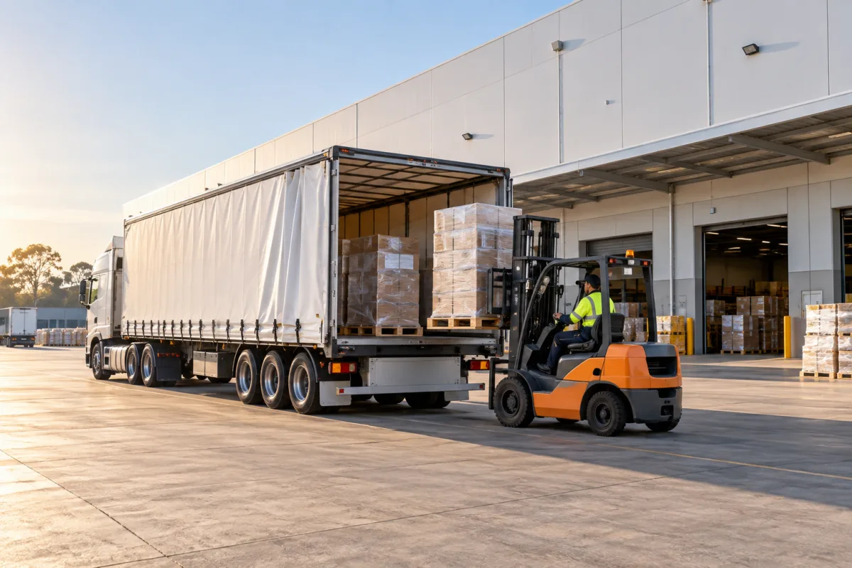 Forklift loading a trailer at a Western Sydney depot for the Griffith run