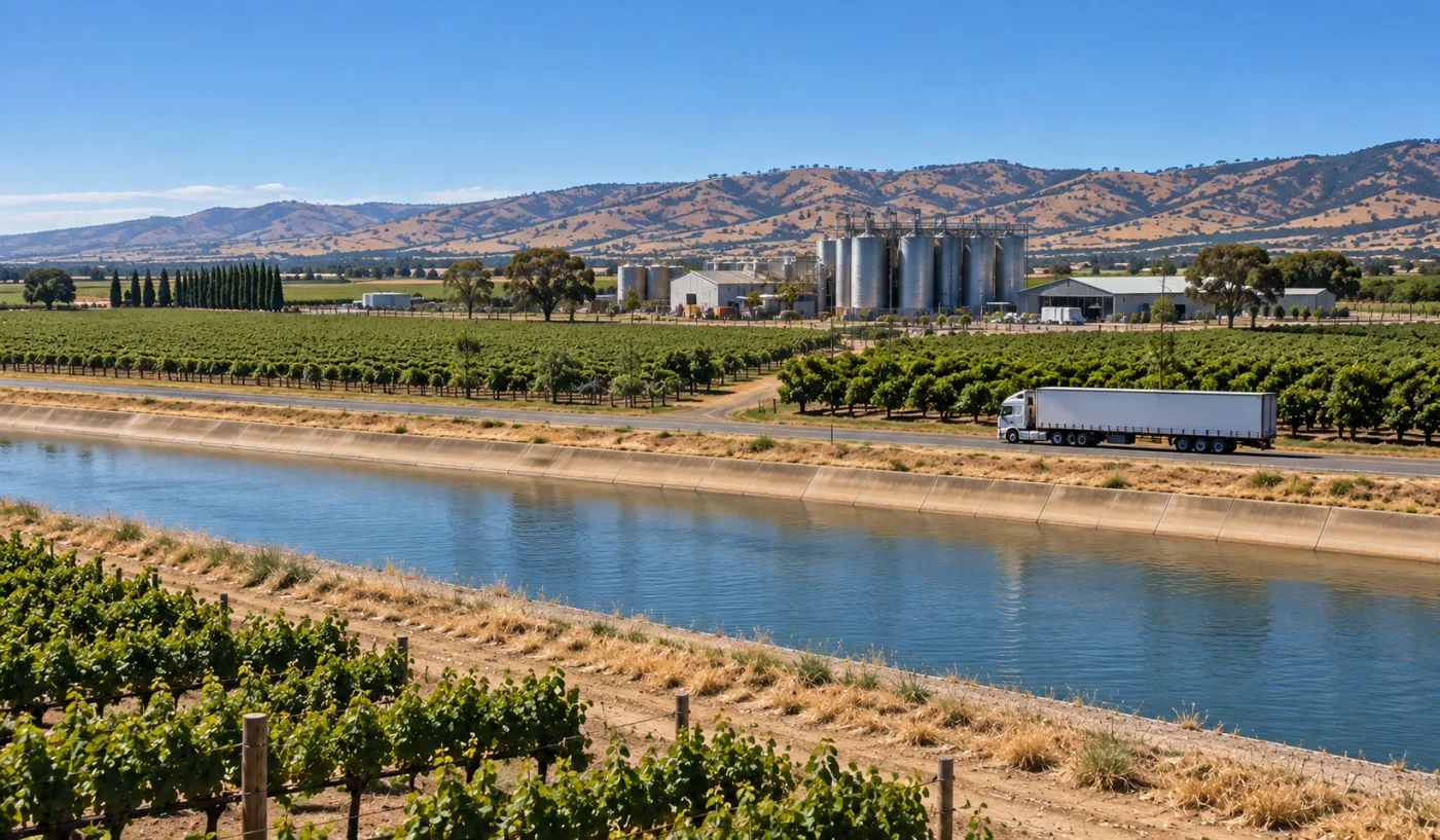 Irrigation channel, vine rows and processing tanks across the Riverina flats