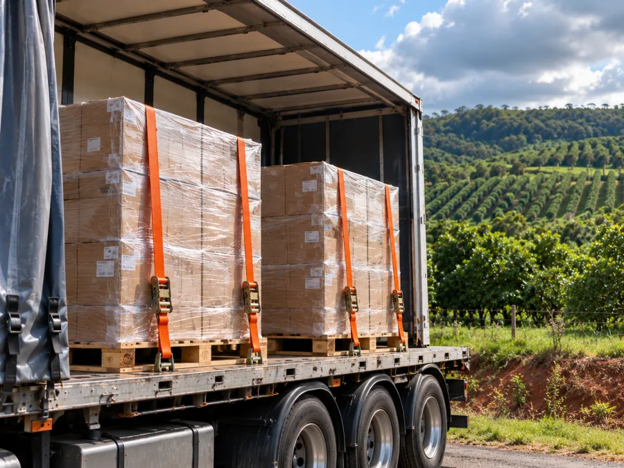 Wrapped pallets on a trailer with Northern Rivers hills behind