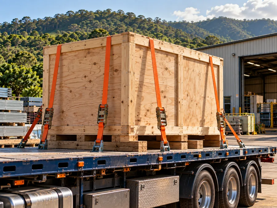 Timber-crated machine strapped on a trailer at a Lismore industrial site