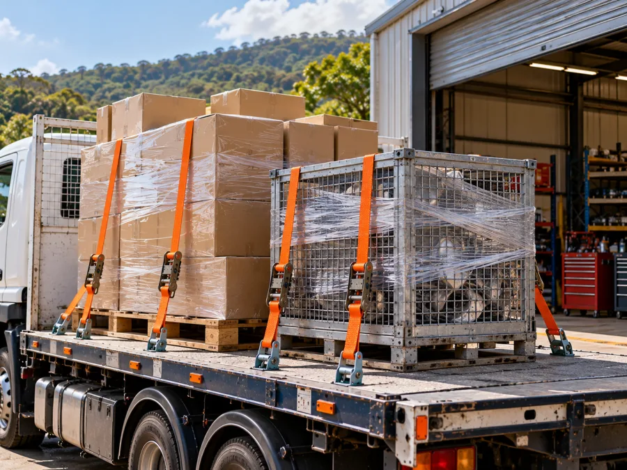 Palletised automotive parts and a steel cage strapped on a truck deck