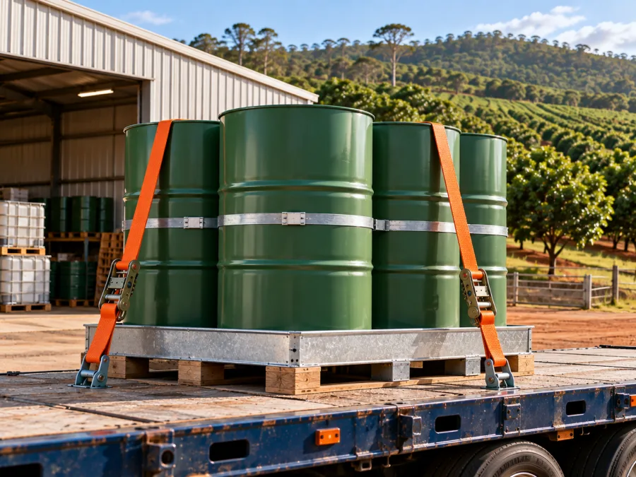 Sealed drums banded on a pallet and strapped to a trailer deck