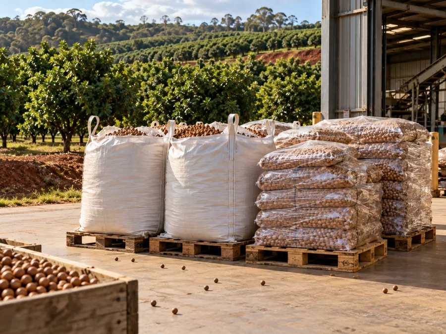 Bulk bags of macadamia nut in shell palletised at a Northern Rivers processing shed