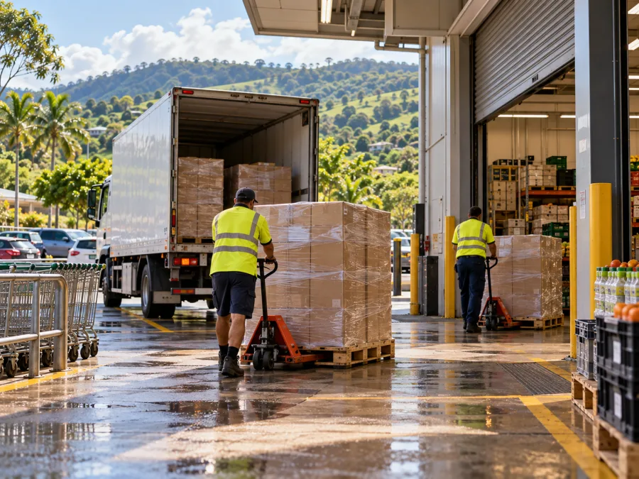 Workers moving grocery pallets at a Lismore supermarket dock