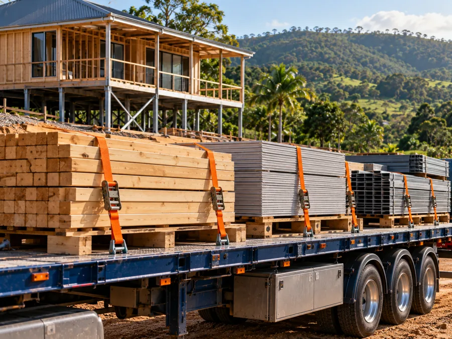 Timber and cladding on a trailer at a Northern Rivers building site