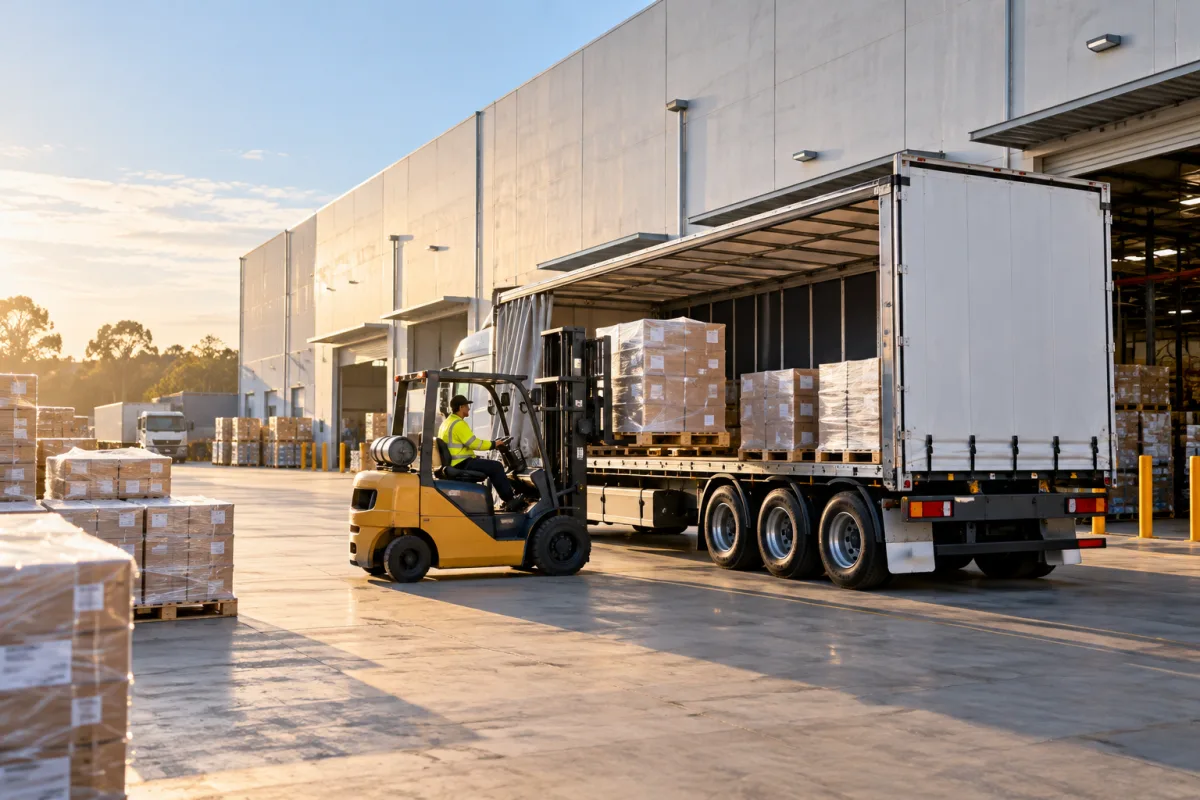 Forklift loading a trailer at a Western Sydney depot for the Lismore run