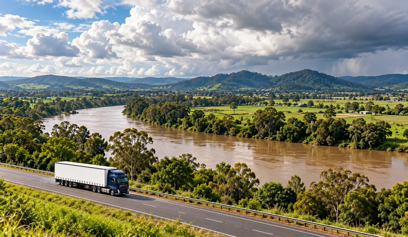 Broad brown river winding through a flat green basin with a truck on the road above